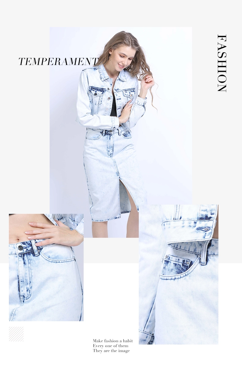 Women Clothing OEM&ODM Nice Bleached Color with Snow Wash Short Jackets with Long Sleeves Straight Fit Skirt Ladies Denim Suits Jeans